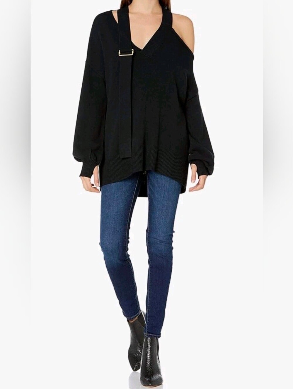 The Drop Lucyswhims V Neck Black Cold-Shoulder Buckle Sweater NWT Stretchy